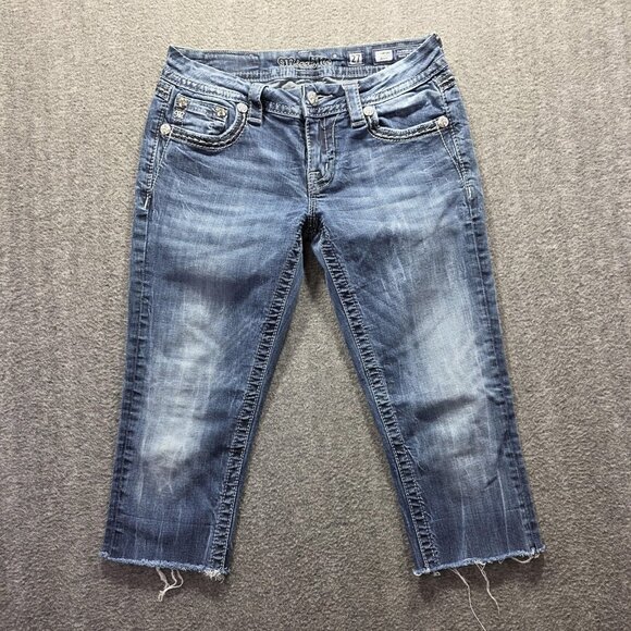 Miss Me Jeans Womens 27 Blue Signature Skinny Embellished Raw Hem *Cut off* - Picture 1 of 10